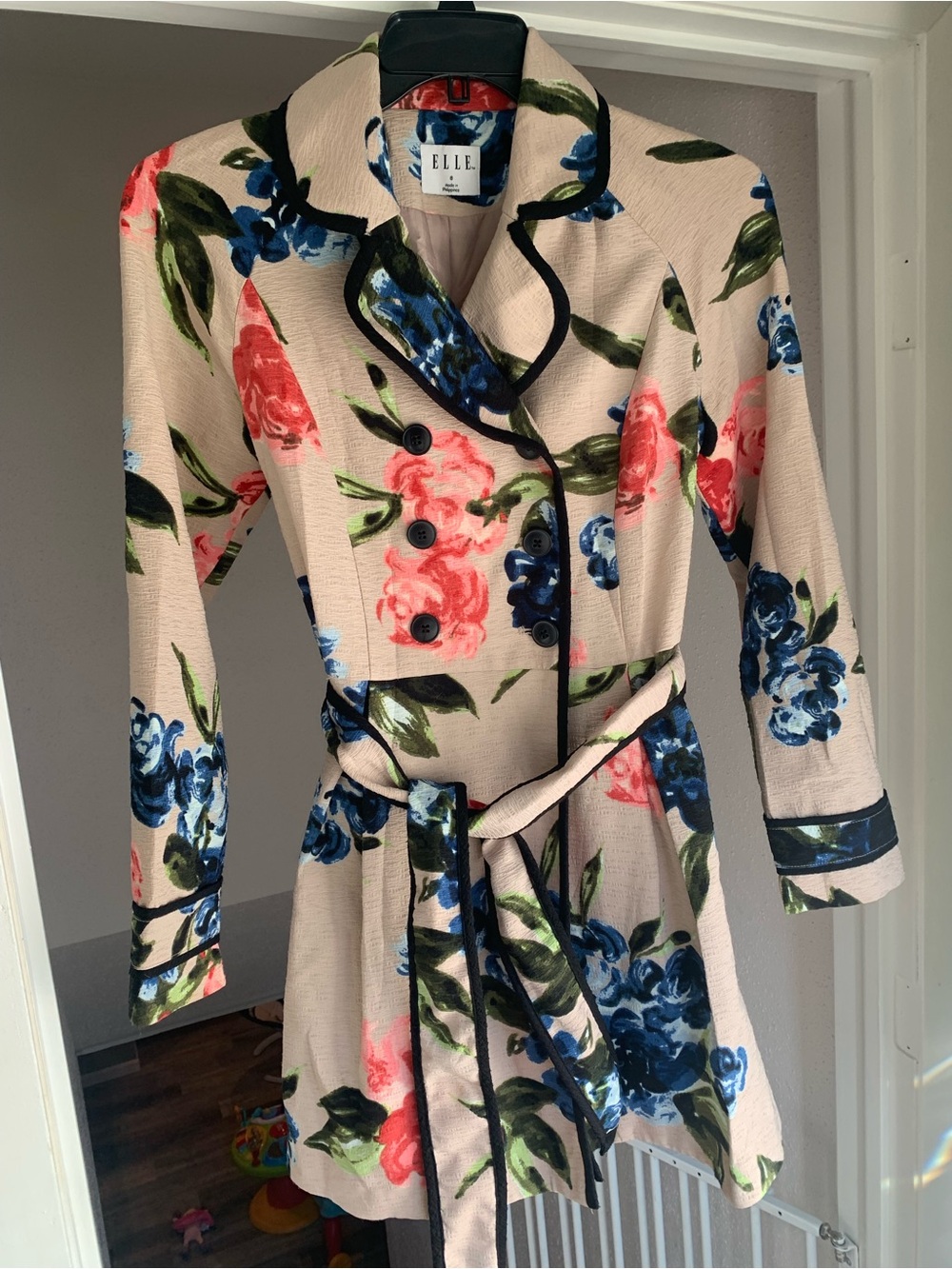 ELLE Floral Long-Sleeve Belted Trench coat with Blue & Coral Flowers